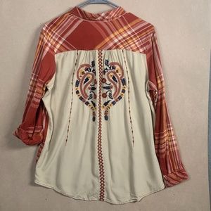 Natural Reflections Boho Western Embroidery Button Down Plaid Shirt L